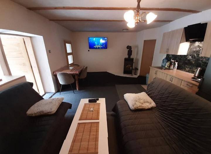 Apartmán č.1.společenská mistnost s druhou velká SATELITNÍ SMAT TV. Dvě sedačky.