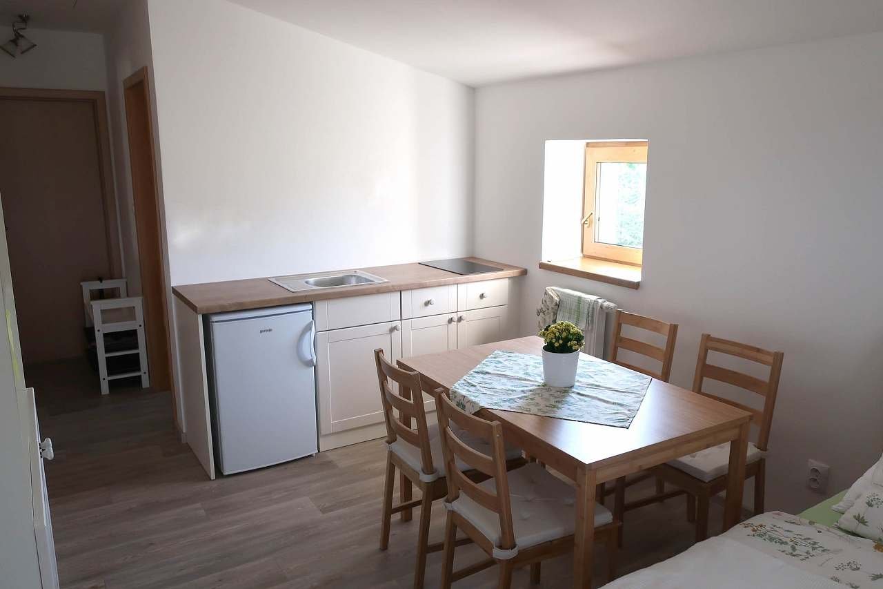 Apartmány Dlouhá louka: kuchyňka apartmánu Levandule s jídelním stolem