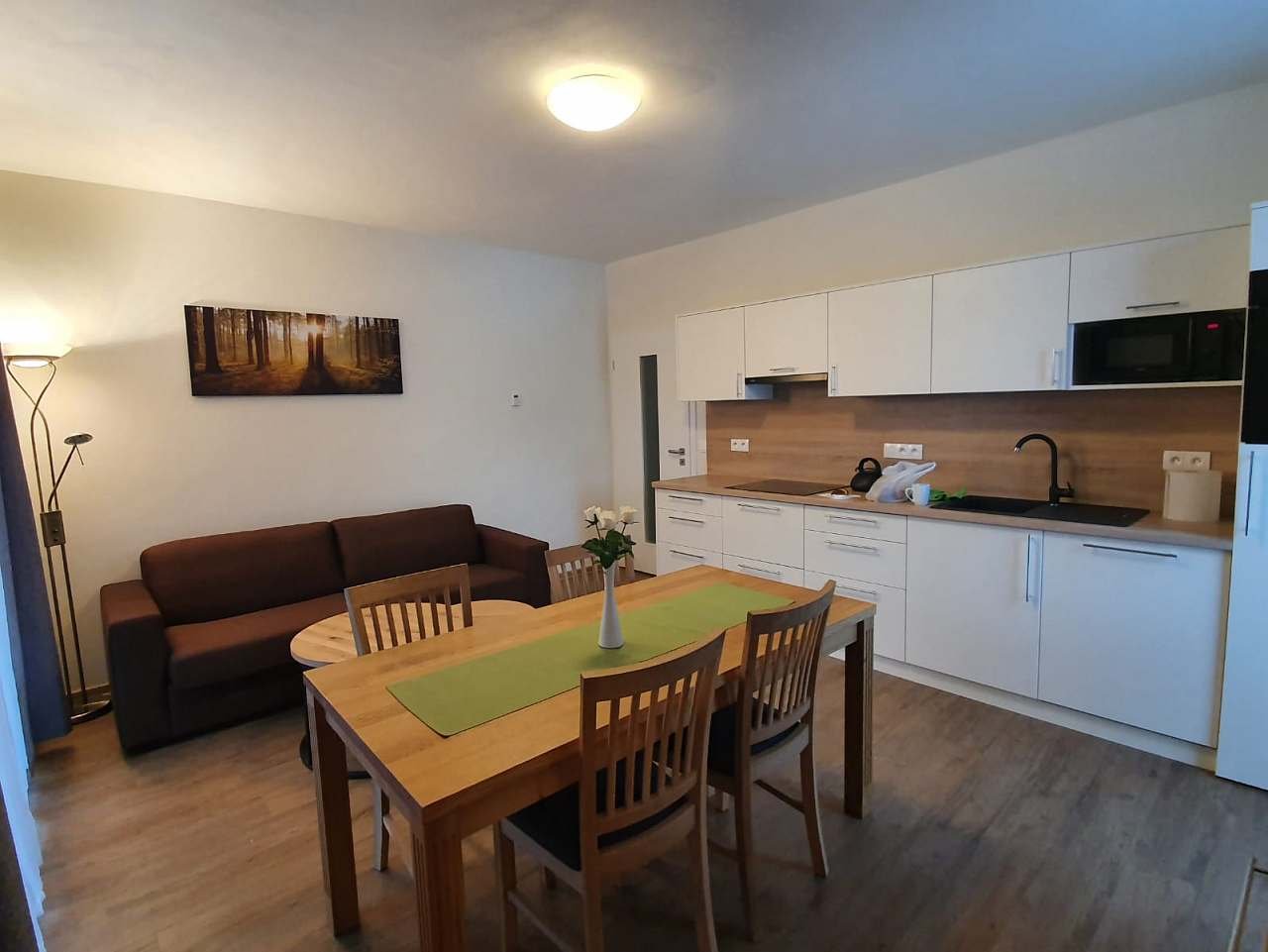 Cekový pohled na kuchyni s obývacím prostorem
