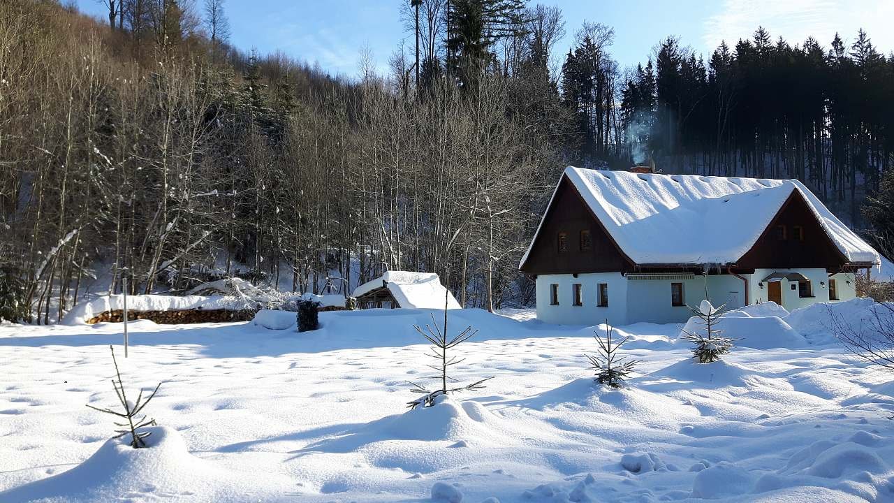 chata s pozemkem v zimě