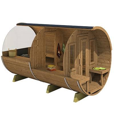 finská sauna Deluxe 4 m ze smrkového dřeva, s předsíní a panoramatickým výhledem