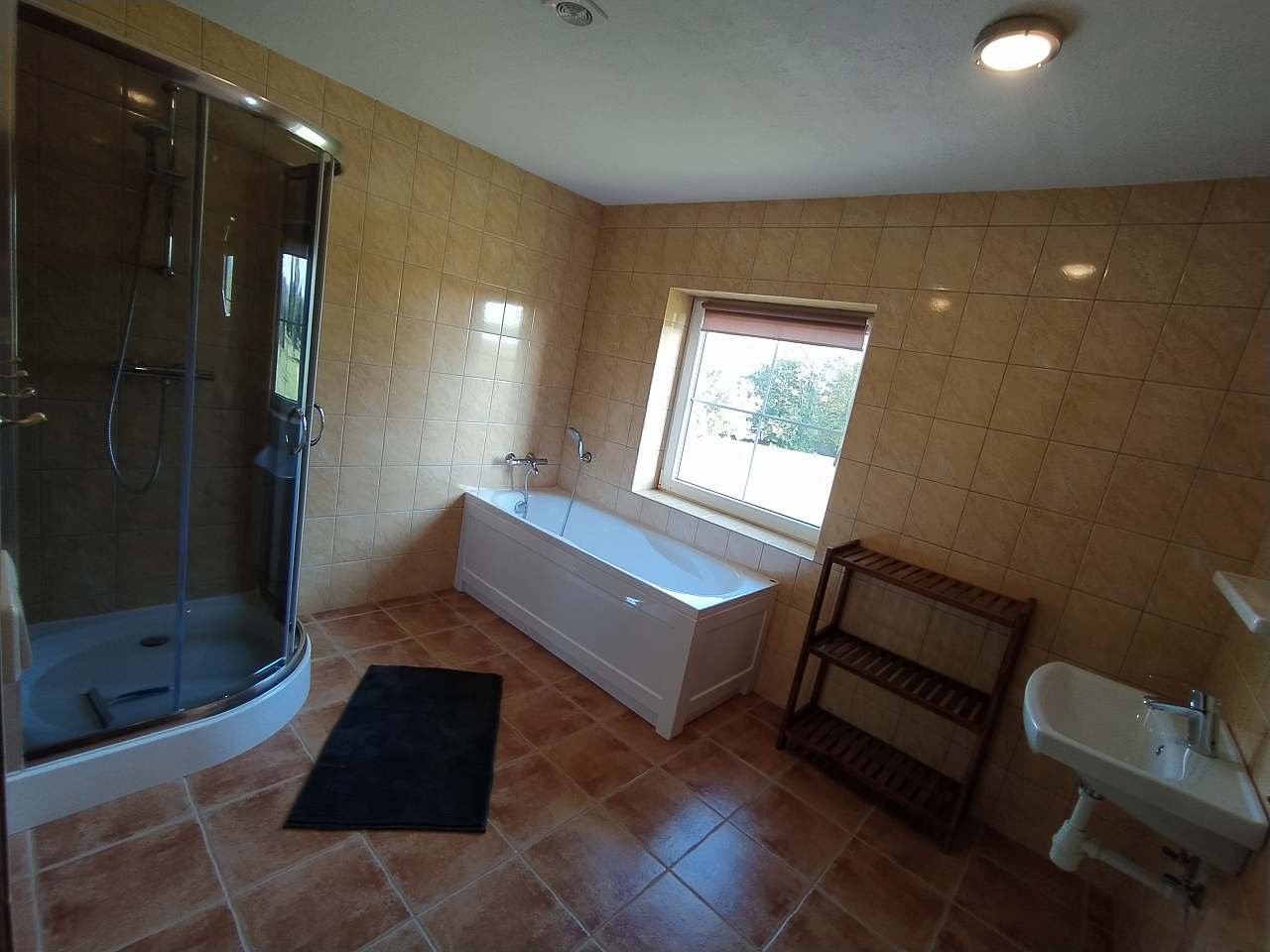 koupelna s vanou, sprchou, umývadlem a samostatným WC