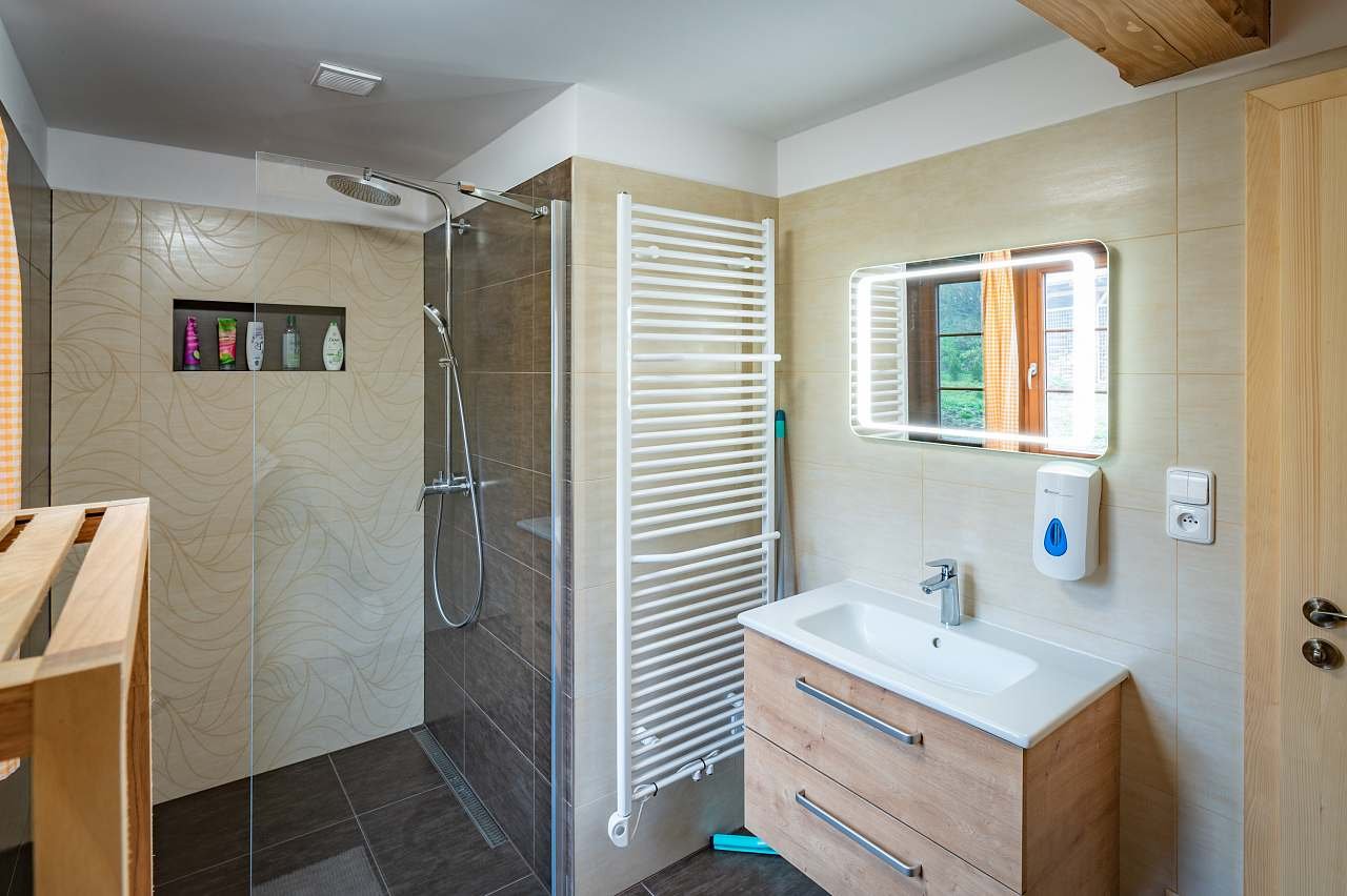 koupelna v přízemí - prostorný sprchový kout, osvětlené zrcadlo, topný žebřík