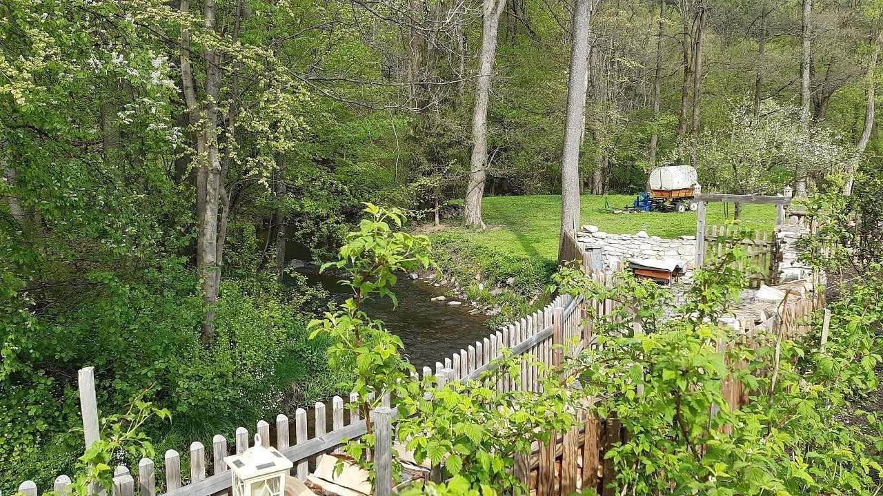 Pohled ze dvora za plot do lesa a na potok Žejbro