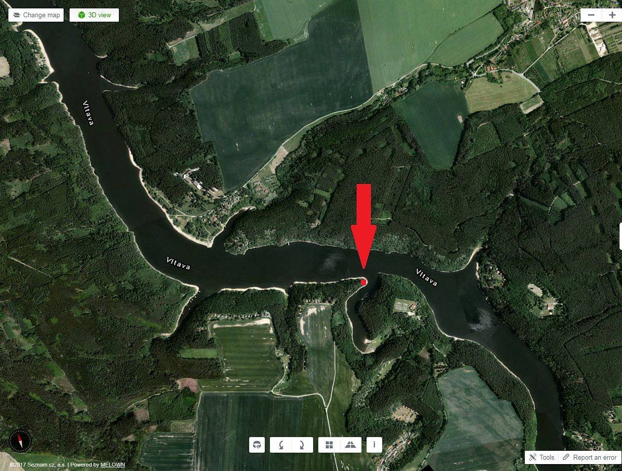 satelitní zobrazení polohy rybářské chaty na Orlíku