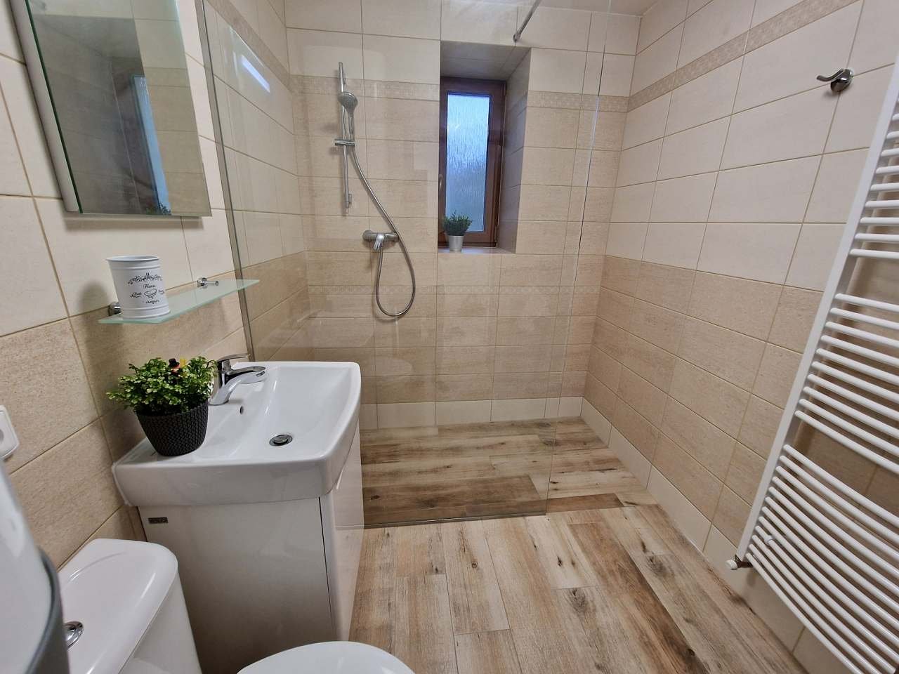 Spodní koupelna se sprchou a pračkou, apt. 2