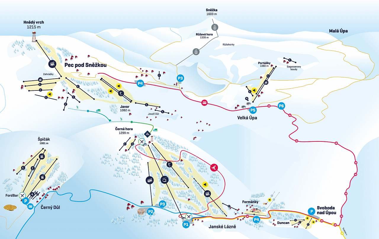 Velké ski resorty (Pec p.Sn., Černá hora, Velká Úpa...): 30-43 km od chalupy