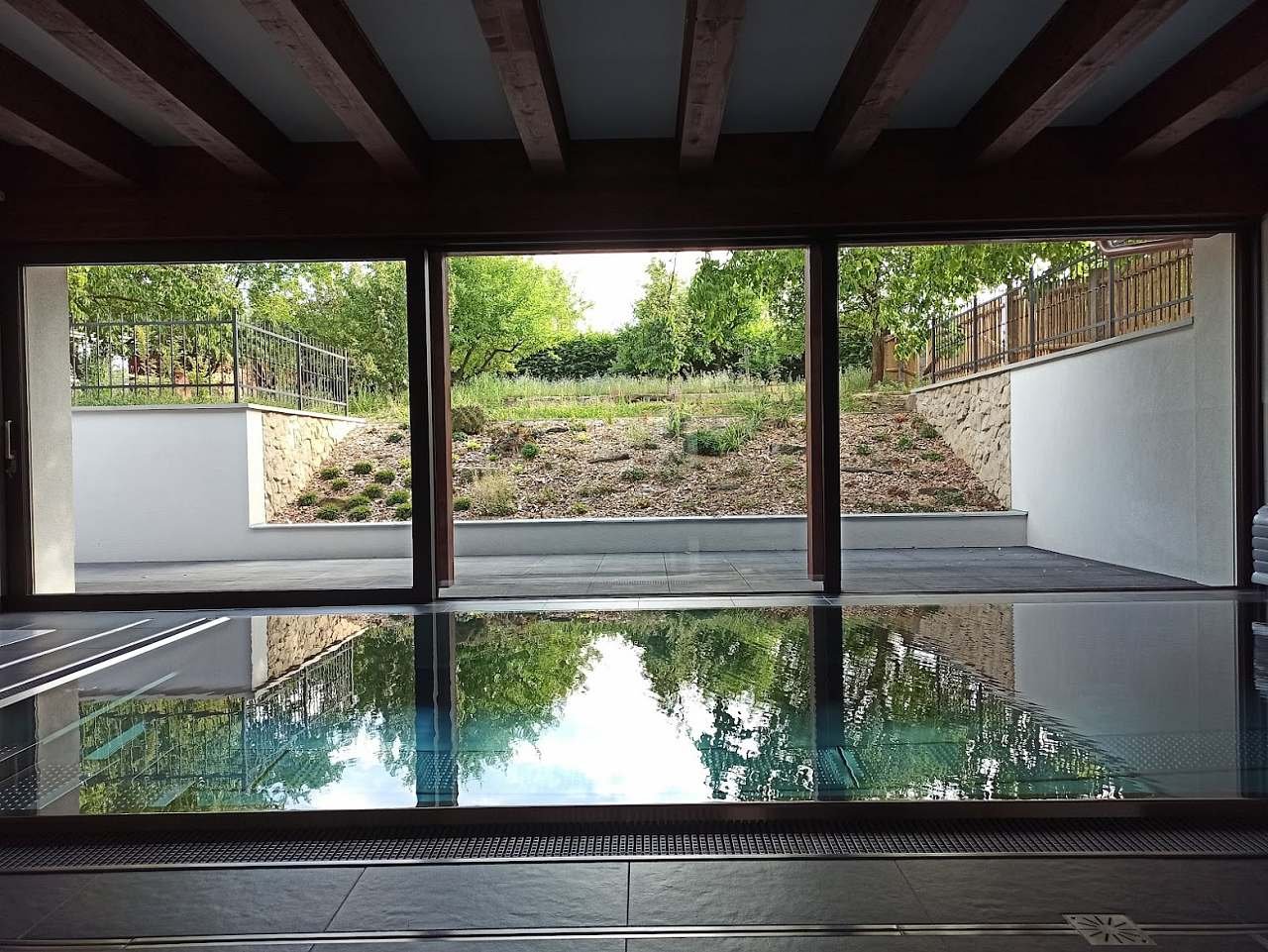 Výhled z bazénu do zahrady