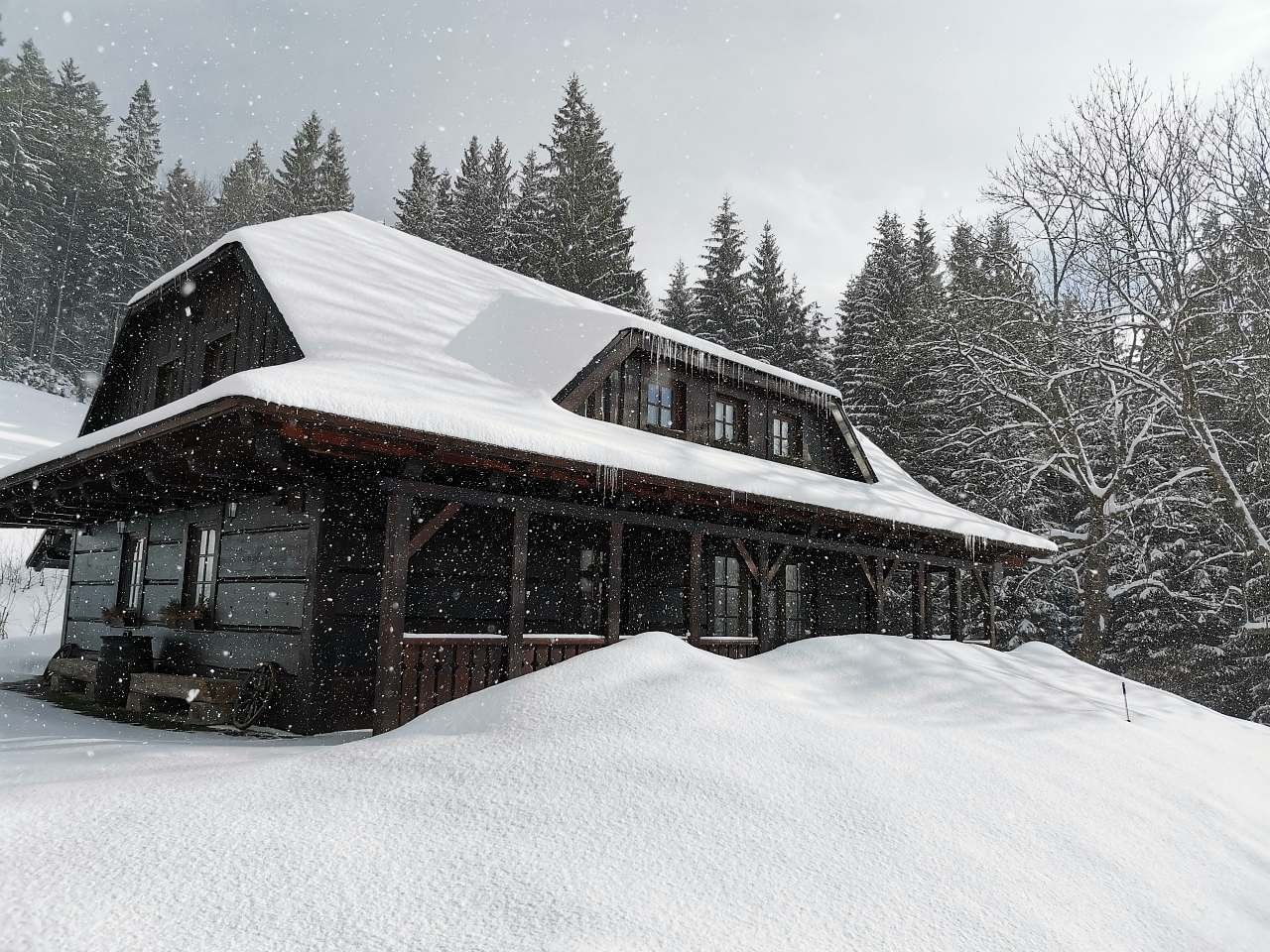 Zima u chaty  , když sněží .
